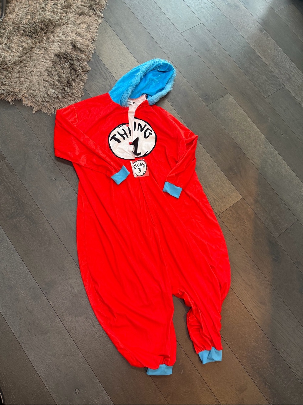 Dr. Seuss Red Onesie with Blue Hood and Cuffs THING 1